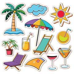 Bright summer background filled with vacation-related objects like umbrella, drinks, and beach items. Ideal for flyers, banners, seasonal websites, and print design.
