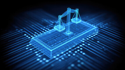 Fototapeta premium Digital justice balancing scales of law in a futuristic cyber environment conceptual visualization technology abstract perspective