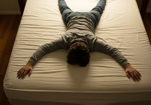 Exhausted Man Lying Spread-Eagled on Bed