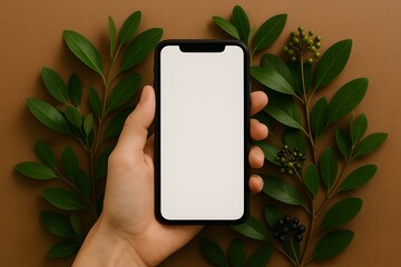 Hand holds a blank screen phone surrounded by lush green leaves and berries on brown background.