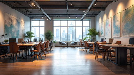 Modern open office space with city view and artwork, showcasing a collaborative environment
