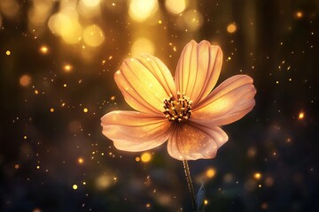 A fantasy-inspired Chocolate Cosmos flower glowing under a twilight sky, the petals shimmering with magical golden dust.Chocolate Cosmos flower,dark flower,fragrant flower,unusual plant.