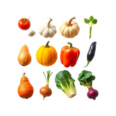 Assortment of fresh vegetables and fruits including tomato garlic pumpkins and greens isolated on transparent background