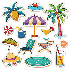 Flat design summer vacation icons including beach ball, pool, umbrella, drink, palm tree, and chair. Ideal for holiday infographics and tropical designs.