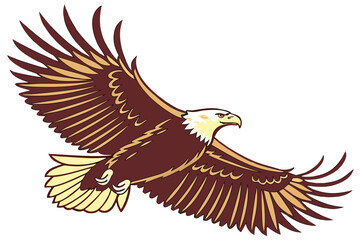 Obraz premium Illustration of an eagle with brown body and golden wings flying against a white background sky view