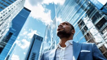 African American man in a stylish blue suit looking up at modern skyscrapers, with a bright sky and clouds, embodying ambition and urban lifestyle in a dynamic city environment