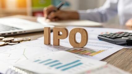 Soft focus scene with wooden letters spelling IPO and financial elements on desk