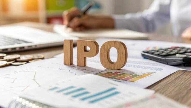 Soft focus scene with wooden letters spelling IPO and financial elements on desk
