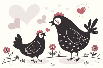 Charming valentine s day illustration of two adorable black chickens