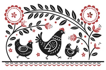 Charming folk art pattern featuring black chickens and floral elements