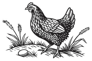 Rustic hand drawn etching of a black chicken held in a person s hand
