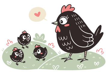 Cute cartoon black chicken family with yellow chicks illustration