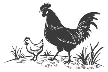 Black rooster and hen silhouette farm life vector illustration