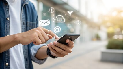 New notification concept. Man using smartphone with notification messages, incoming message reminders.