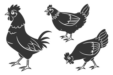 Flat design black chicken icon set with yellow and cyan accents