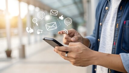 New notification concept. Man using smartphone with notification messages, incoming message reminders.