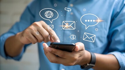 New notification concept. Man using smartphone with notification messages, incoming message reminders.