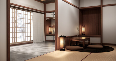 Fototapeta premium Chabudai japan traditional low table and decoration on minimal Japandi room japan style.3D rendering