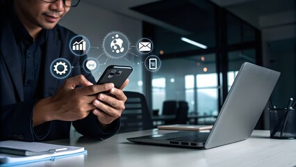 New notification concept. Man using smartphone with notification messages, incoming message reminders.