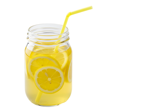 Lemonade in a glass jar with a yellow straw and lemon slices set against a black background