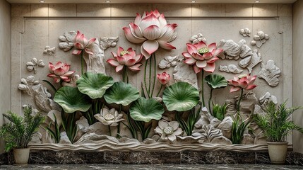 Ornate lotus flower bas-relief design on a stone wall.