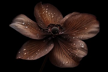 A moody, artistic shot of a Chocolate Cosmos flower against a dark background, dramatic lighting.Chocolate Cosmos flower,unusual plant,dark flower,fragrant flower.