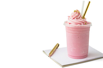 Pink Smoothie with Notebook and Gold Pen Mockup on a transparent background