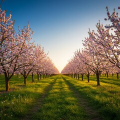 Naklejka premium Pink Blossom Trees in a Spring Orchard at Sunrise