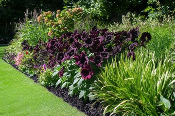 Fototapeta premium A Chocolate Cosmos flowerbed in a landscaped garden, multiple blooms swaying gently, natural sunlight.Chocolate Cosmos flower,fragrant flower,unusual plant,dark flower.