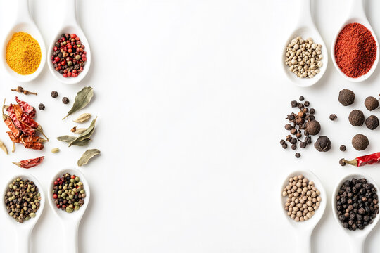 White ceramic spoons in a row, each holding a vibrant, unique spice, creating a colorful and aromatic display on a white background. - Powered by Adobe