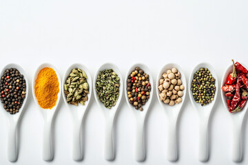 White ceramic spoons in a row, each holding a vibrant, unique spice, creating a colorful and aromatic display on a white background.