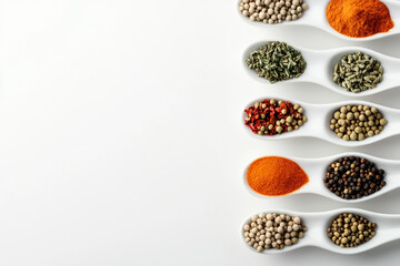 White ceramic spoons in a row, each holding a vibrant, unique spice, creating a colorful and aromatic display on a white background.