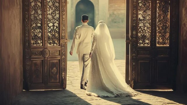 A man and woman are walking through a doorway. The man is wearing a white shirt and the woman is wearing a white veil. Nikah. Muslim wedding, bride in hijab and groom. Islamic wedding concept.