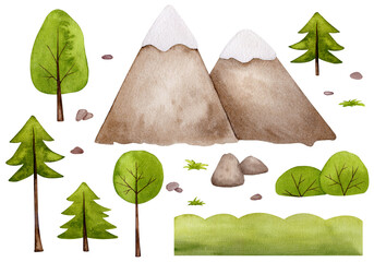 Watercolor set of forest elements: mountains, trees, bushes, grass, stones. Fairy tale, Northern folklore, Scandinavian style, folk art. Design elements for cards, posters, children's products.