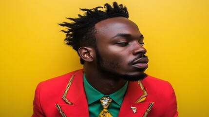Stylish man in a vibrant red jacket against a bright yellow background.