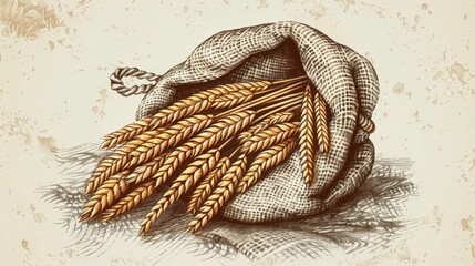 A rustic sack overflowing with golden wheat stalks, set against a textured, vintage background