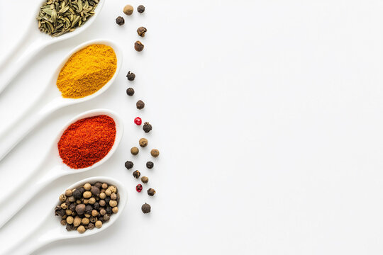White ceramic spoons in a row, each holding a vibrant, unique spice, creating a colorful and aromatic display on a white background.