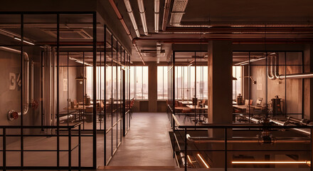 Industrial interior with exposed pipes and glass walls in warm light