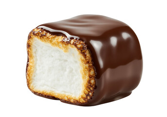 Marshmallow square with toasted surface and chocolate coating set against a black background