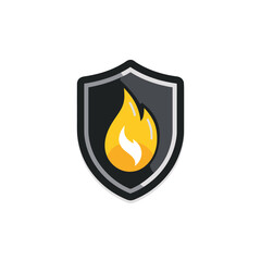 Flame emblem icon glows inside shield protection background safety