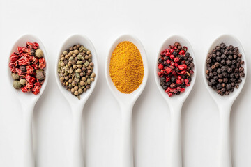 White ceramic spoons in a row, each holding a vibrant, unique spice, creating a colorful and aromatic display on a white background.