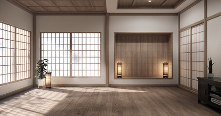 Mock up Cabinet design on earth tone wood room interior modern style .3D rendering