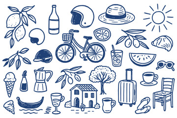 Charming mediterranean vacation doodle collection featuring iconic european summer elements illustration depicting