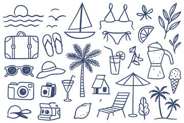 Summer vacation doodle collection with travel suitcase tropical palm tree sunglasses and beach accessories hand drawn