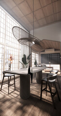 kitchen room dining table grey wall wood floor. 3d rendering