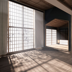 Obraz premium Cool colors give a feeling of coolness and calmness. Japanese traditional room, Mock up empty room and decoration room japan style.3D rendering