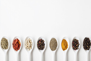 White ceramic spoons in a row, each holding a vibrant, unique spice, creating a colorful and aromatic display on a white background.