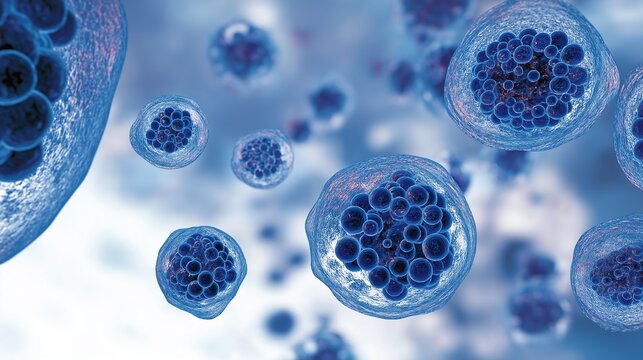 Close up of blue cells and sphere like shapes floating representing aura with dark patterns against light background, overhead perspective showing detailed textures for medical or scientific themes