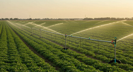 View of automated irrigation sprinklers in operation, connected to an AI water management system.