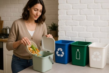 Woman sorts kitchen waste into recycling bins, promoting eco friendly habits. Various bins for recycling different materials are neatly arranged